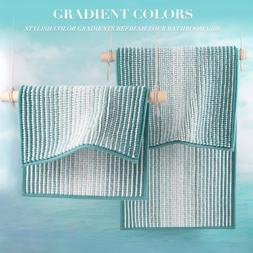 BSICPRO Bathroom Rugs and Mats Sets, 2 Piece Thick Absorbent Chenille Non Slip, Soft Shaggy Floor Mats, Machine Washable (Aqua Green, 20" x 47" Plus 16" x 24")