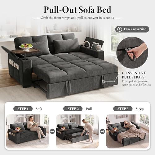 Image of Dreamzie 65'' Convertible Sleeper Sofa Bed with 90 Swivel Side Table, Chenille Pull Out Couch for Living Room, Loveseat Sleeper Couch with Hidden Storage Space | Charging Port | Cup Holders, Grey