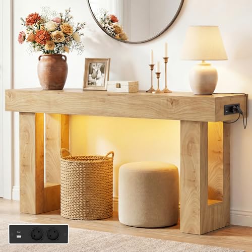 iSunirm Console d'Entrée 120cm avec Prise et Détecteur de Mouvement LED | Table de Canapé avec Ports USB-C | Buffet Étroit Moderne pour Salon et Couloir, Chêne...