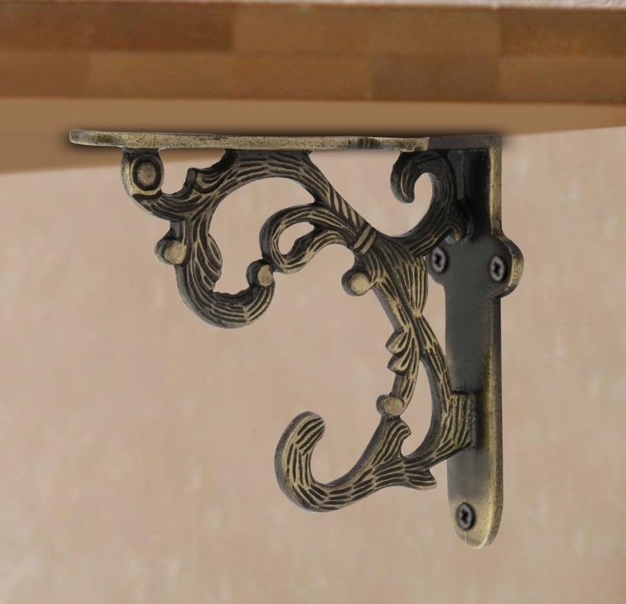 Image of Metal Handcrafted Shelf Bracket for Floating Shelves L Angle Decorative L Shaped Corner Brace Joint Heavy Duty Wall Mounted Shelf Supporter Corner Brace Holder (Brass Antique, Pack of 4)