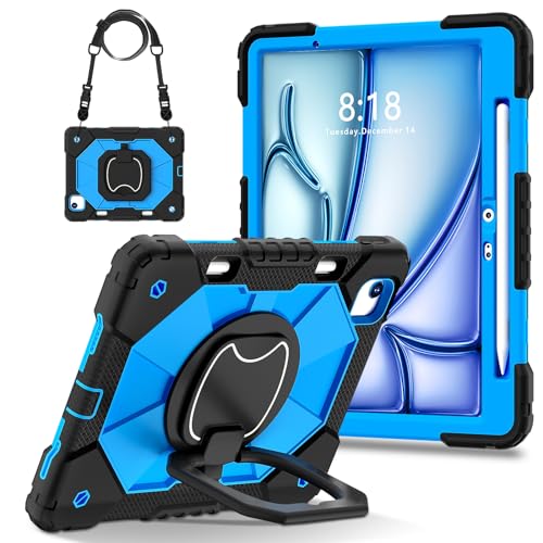 Coque iPad Air 11 M4 Lunivop avec support rotatif 360 et bandoulière robuste noir bleu