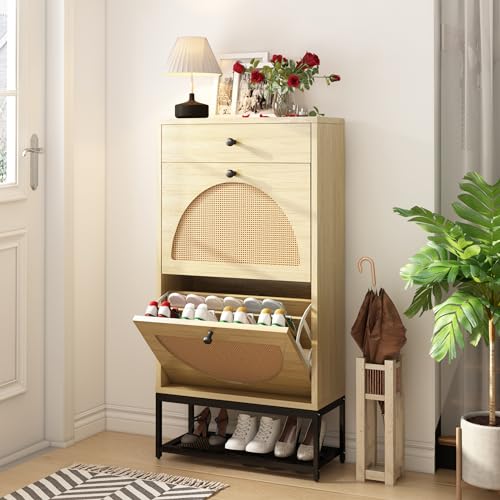 AWQM Natural Rattan Shoe Cabinet with 2 Flip Drawers and 1 Pull Drawer, Slim Shoe Storage Cabinet Entrance Hallway Free Standing Shoe Rack with Metal Frame for Sneaker, Sandal, Boot, Slipper