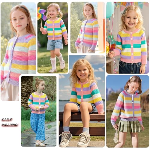 Image of Danny D Girls Ombre Cardigan Kids Rainbow Sweater Striped Button Up Long Sleeves Knitwear Open Front Crew Neck Tops