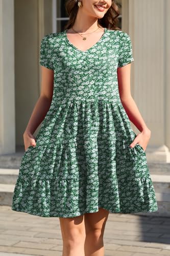 Image of nclook Womens Summer Casual Dress Sweet Cute V Neck Mini Dress with Pocket Short Sleeve
