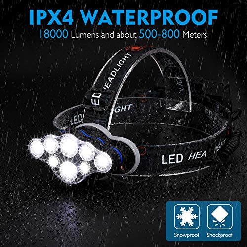 Stirnlampe,Superheller 18000 Lumen 8 LED 8 Modi Kopflampe mit Rotem Warnlicht,USB Wiederaufladbare Wasserdicht Einstelllbare,Stirnleuchte Für Fischen,Keller,Laufen,Joggen,Wandern,Lesen,Arbeiten - 4