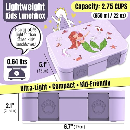 Image of BEARFOOT Kids Lunch Box with Compartments - Compact & Lightweight | Leak-Proof, BPA-Free, Dishwasher Safe | Hand-Drawn Design for Preschool, School, Travel (Mermaid Purple, 2.75 Cups)