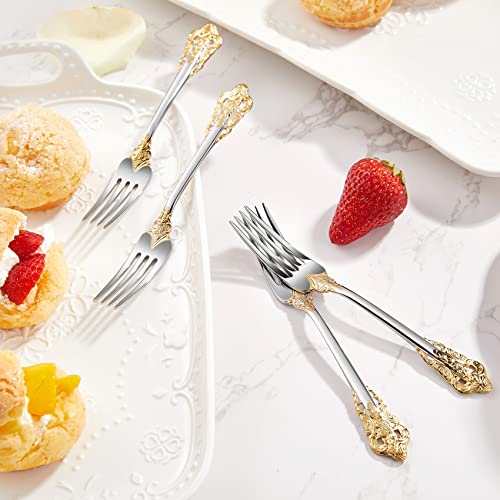 Keawell Gorgeous 6" Appetizer Forks, 18/10 Stainless Steel, Set Of 4, Cocktail Forks/Dessert Forks, Gold Accent #TOP7