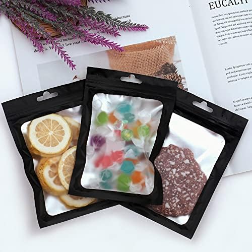 Holographic Packaging Bags,50pcs Foil Ziplock Bags with Sticker Labels,Resealable Mylar Packaging Bags for Small Business Black Wax Melt Packaging Bags(10.5*15cm)