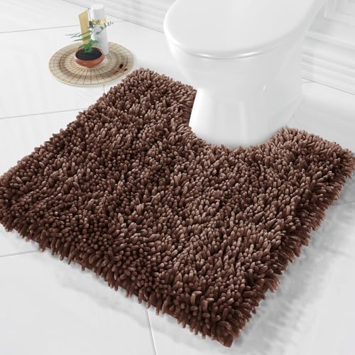 Image of Yimobra Toilet Rugs U Shaped Washable, Extra Thick Soft Absorbent Chenille Contour Bathroom Rugs for Toilet 24x24 Inch, Quick Dry Non Slip Toilet Mat for Bath Floor, Brown