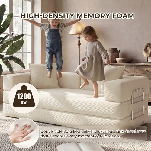 Image of GRUSIGN 78 inch 5-in-1 Convertible Futon Sofa Bed, Boneless Corduroy, Ivory