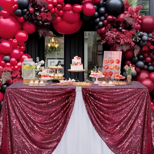 Image of B-COOL Burgundy Sequin Tablecloth for Parties: Glitter Fabric 50x50 Inches Kitchen Linen for Square Head Centerpeices Party Decorations Christmas Decor