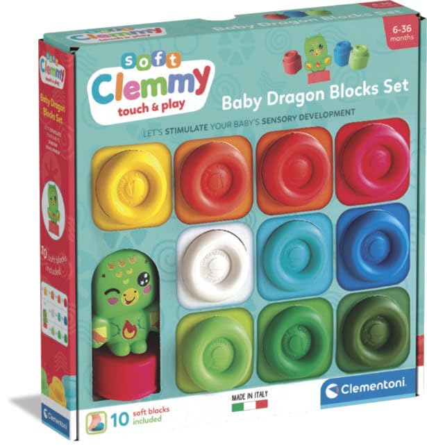 Clementoni Soft Clemmy - Baby Dragon Blocks Set, 10 Mattoncini Morbidi per Bambini 6+ Mesi, Personaggio Fantasy, Lavabili e Atossici, Sviluppo Sensoriale e Manualità, Made in Italy, 17604
