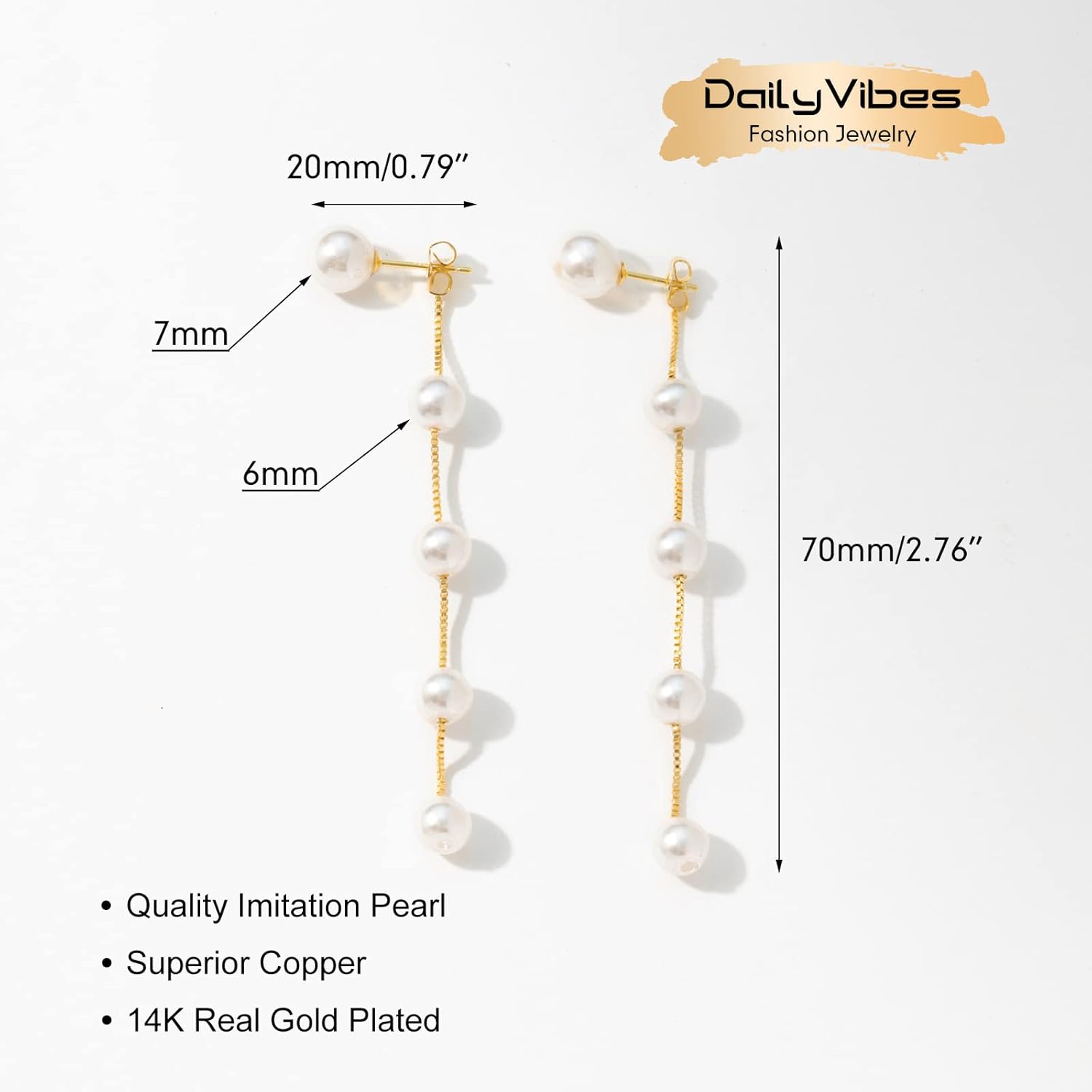 DAILY VIBES 14K Gold Freshwater Pearl Drop Earrings Dangle Dainty Long White Cultured Baroque Pearl Earrings for Women Statement Stud Ball Chain Tassel Jewelry for Bridal Wedding - Image 2