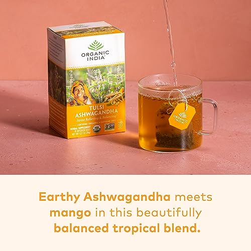 ORGANIC INDIA Calming Tulsi Ashwagandha Tea - Organic Tea Bags, Holy Basil Tea, Vegan, USDA Certified Organic, Non-GMO, Caffeine Free Tea - 18 Infusion Bags, 1 Pack - Thumbnail 3