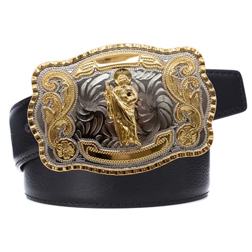 Image of WMG Western St Jude Belt Buckle Gold Silver Saint Jude San Judas Cowboy Buckle Hebilla Vaquero Rodeo