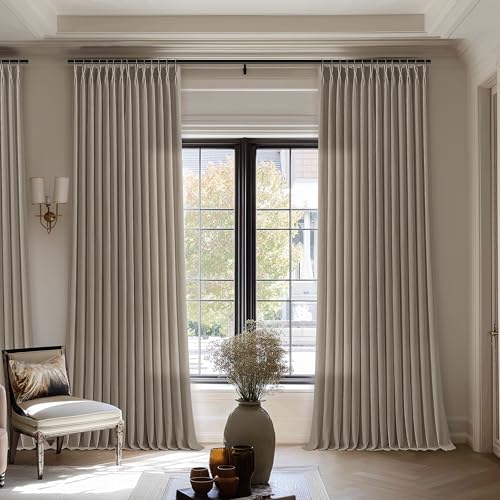 Image of Extra Wide Taupe Pinch Pleated Semi Sheer Linen Curtains for Living Room | Grey Beige, 70 inch wide Floor To Ceiling 120 inch Extra Long, Light Filtering Privacy, Glass Door, Faux Textured, Hook Rings