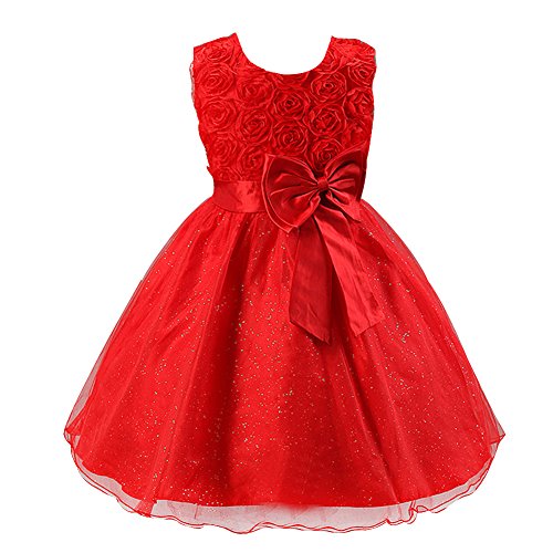 LSERVER-Vestidos de Rosa Princesa con Las flores de La Boda Para Las Niñas Rojo 6-7 Años
