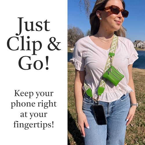 Image of Save the Girls Original Clip and Go Phone Strap Pattern (XOXO - Green) - Crossbody Phone Strap Chain with Zipper Wallet Pouch - Phone Lanyard Zippered