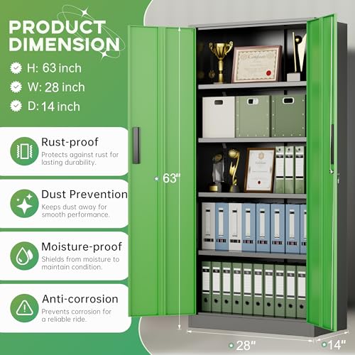 Image of INTERGREAT Metal Storage Cabinet with Lock, 63 inch H Metal Cabinets Storage with 2 Doors and 4 Adjustable Shelves, Locking Garage Cabinet for Home Office, Kitchen, Bathroom (Black Green)