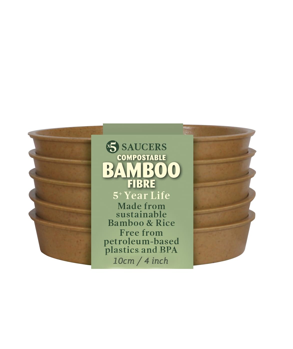 Haxnicks Sustainable Bamboo Fibre Plant Pot Saucer in Terracotta, 4 Inch Diameter, Pack of 5, Biodegradable & Home Compostable, POT230101