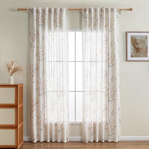 Image of MYSKY HOME Floral Sheer Curtains 84 Inch Long Linen Blended 2 Panels Yellow
