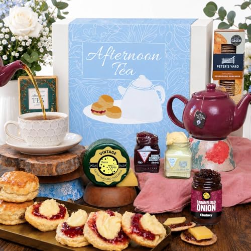Afternoon Tea Hamper For 2 Gift Set | Cream Tea & Cheese Gift Box | Includes Scones Clotted Cream Strawberry Jam Tea Vintage Cheddar Crackers & Chutney | Luxury Treats For Her & Couples
