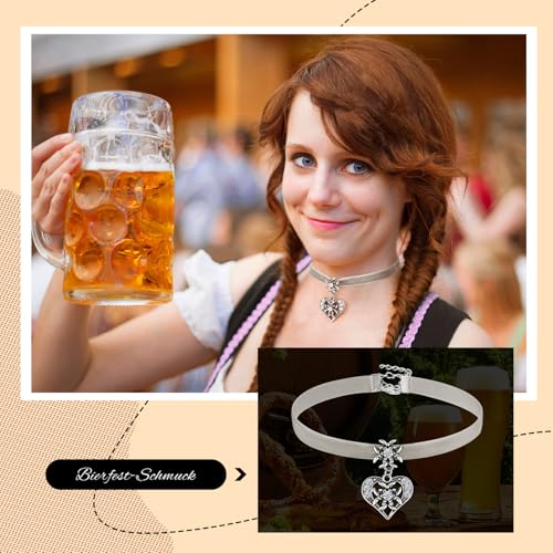 Herdear Bierfest Damen Trachtenkette Herz Edelweiß Halskette Elegantes Kropfband mit Strasssteinen Herz und Edelweiß Anhänger(Hellgrau)