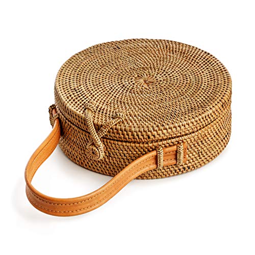 Image of Novum Crafts Round Rattan Bag for Women - Handmade Ata Wicker Woven Purse - Circle, Square, Oval Brown Straw Boho Bags