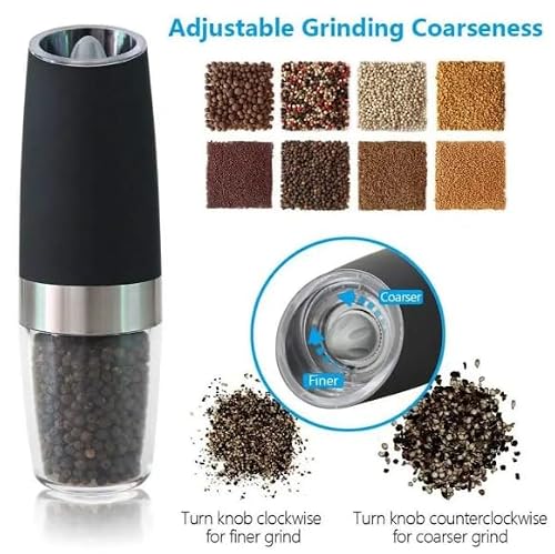 Electric Salt and Pepper Grinder Set, Gravity Sensor, Automatic Pepper Mill, One Hand Operation, Battery-Operated with Adjustable Coarseness, Blue Led Light (Black 2 Pack)