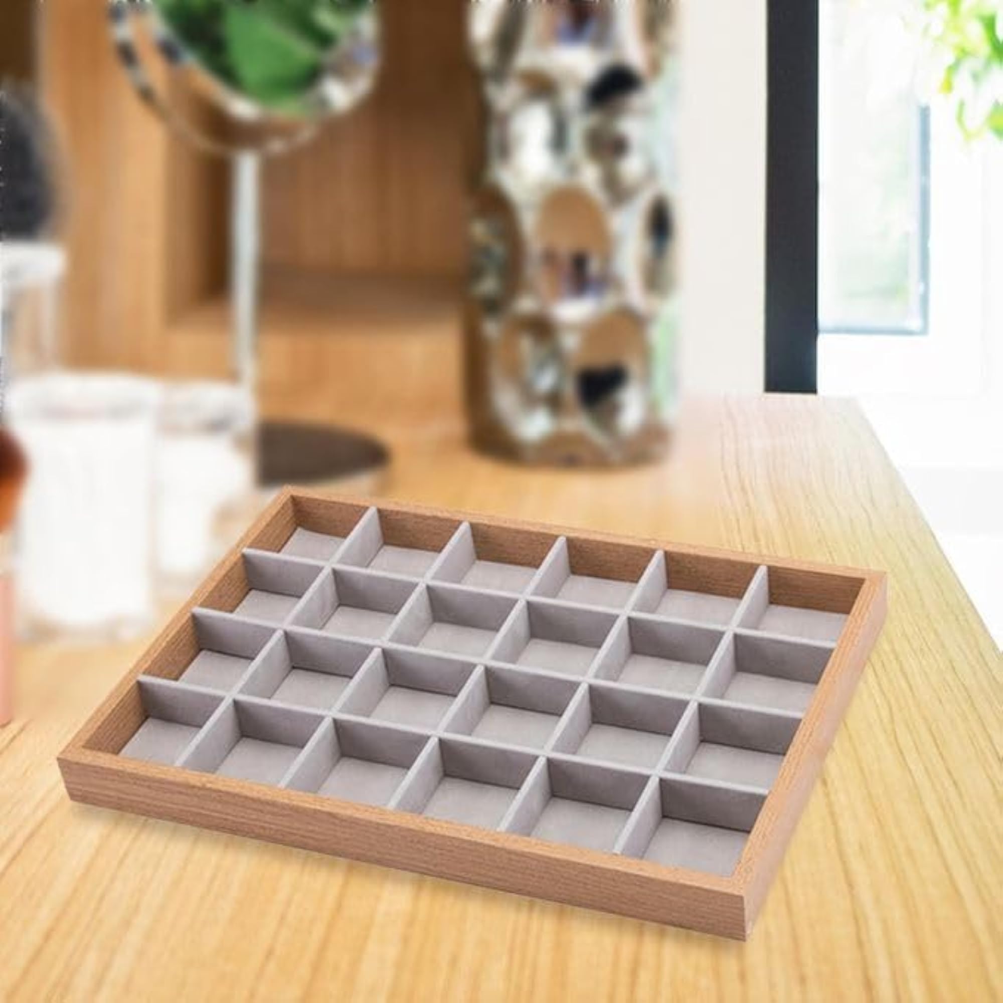 Premium Wooden Grey 24 Compartment Jewellery Display Storage Holder