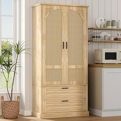 funitydg, Kitchen Pantry Cabinet, 67" Tall Pantry Cabinet with Rattan Doors, Storage Cabinet with Drawers & Adjustable Shelves, Wooden Utility Pantry for Kitchen, Dining Room, Bedroom, Oak Cover