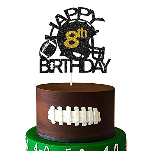 Aonbon Black & Gold Glitter Football Happy 8th Birthday Cake Topper, Football 8th Birthday Party Decoration, Football Theme Happy 8th Birthday Party Supplies (8th)