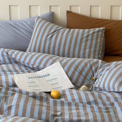 Image of LifeTB Vintage Striped Comforter Set Full, 3 Pieces Blue Brown Stripes Pattern Printed Bedding Set, Fluffy Soft Lightweight Bedding Comforter Set, Farmhouse Striped Bed Comforter with 2 Pillowcases
