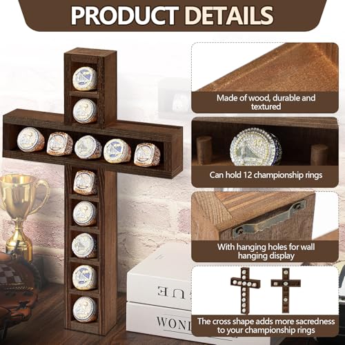 Image of Teenyyou Championship Ring Display Case, 12 Posts, Walnut Wood Wall Mount