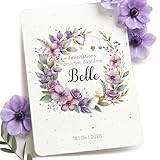 Hidoo Creations Carte félicitations baptême personnalisée, carte de voeux détails mignons, couronne fleurs, prénom, date, texte personnalisable, parme, violet, fille