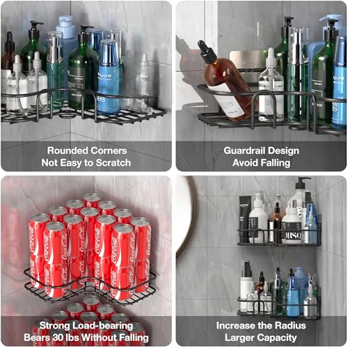 Image of Shelf-Adhesive Bathroom & Kitchen Corner Storage Organizer Rack /Shelf Wall Mounted (No Drilling Required) | Bathroom Accessories Metal with Powder Coated Finish (Black, Pack of 2)