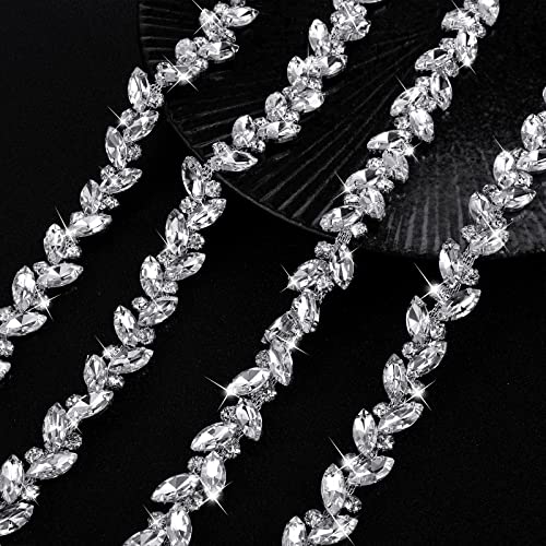 BBTO Rhinestone Chain Trim Applique Embellishment Crystal Bridal Costume Flower Leaf Chain Sewing Bling Trim for Wedding Jewelry DIY Necklace Bags Parties(Silver, 6 Yards) - Thumbnail 3