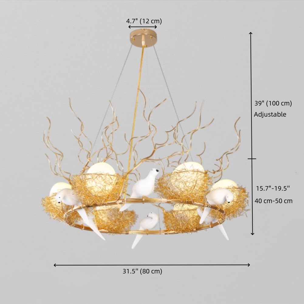 Bird Nest Chandelier Metal Wire Cage Chandelier Rustic Gold Pendant Lighting with White Glass Globe Shade and Bird Accents for Living Room Dining Room - 6 Light