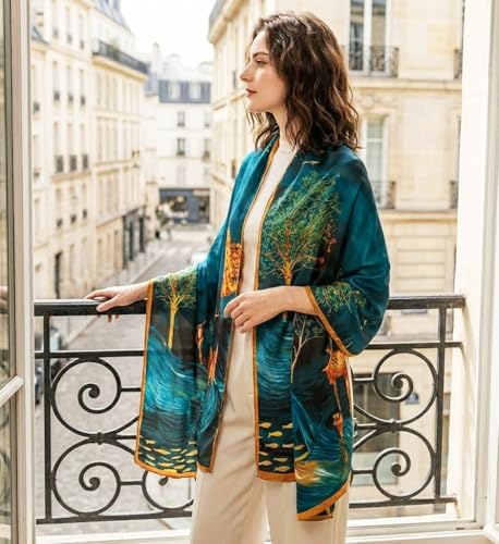 Image of Alexvyan Satin Silk Summer Scarves 180 x 84 cm, Blue Golden Dear Theme with Stitched Border, Lightweight Fashion Scarf for Women Sun Protection Stole