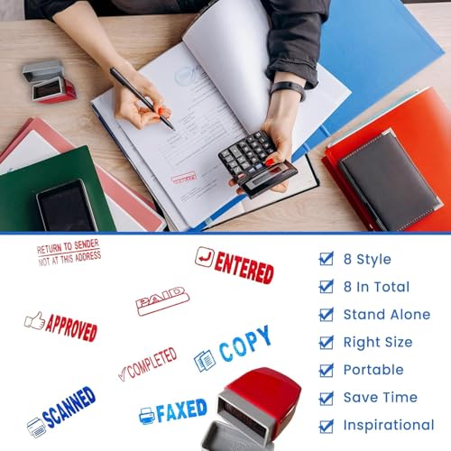 8PCS Office Stamps Set, Paid Scanned Approved Copy Faxed Completed Entered Return to Sender Message Stamp with Storage Tray, Rubber Business Stamp in Red and Blue Ink, Account Finance Staff Supplies