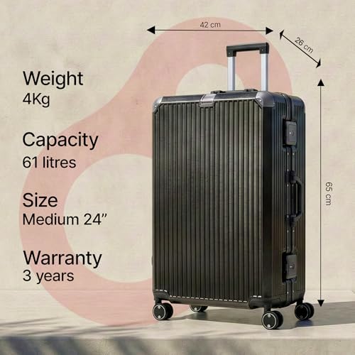 Image of Vertica Hard PC Trolley Luggage, Medium Size, 100% Polycarbonate, Lightweight and Durable, Silent Wheels, Anti-Theft with Aluminium Frame, and 2 TSA Locks, 24-Inch, Midnight Noir