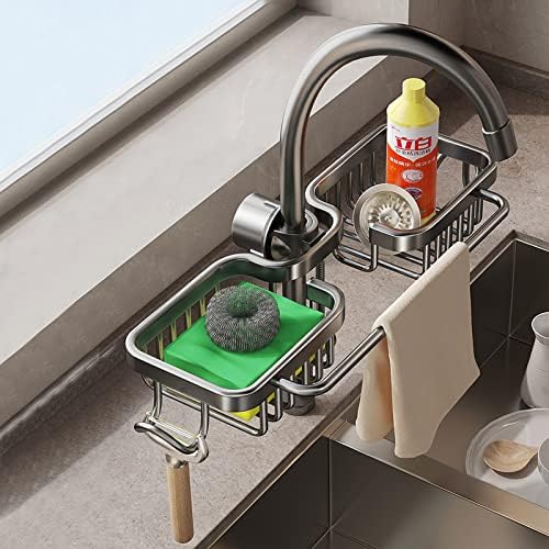 Sponge Holder Kitchen Sink Caddy - Shower Organiser Bathroom Storage Rack Adjustable No Drilling Shelf 180° Rotation Sink Area Tidy Cloth Hanger