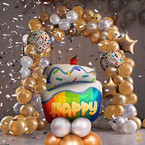 Image of ITAF Set of 35 Pcs Happy Birthday / Baby Welcome / 1st First Birthday Foil Balloons Theme Decoration Kit For Girls ,Boys ,Kids - 1 Happy Birthday Rainbow Cake Foil Balloon , 2 Gold Star Foil Balloons , 2 Printed Happy Birthday Round Foil Balloons , 15 Gold , 15 White Metallic Balloons