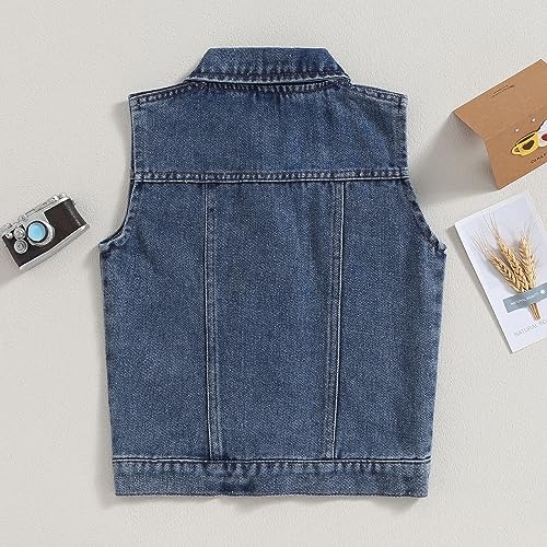 Image of Denim Vest Kids Girl Boy Fashion Coats Turn Dwon Collar Sleeveless Jackets Trendy Outwear