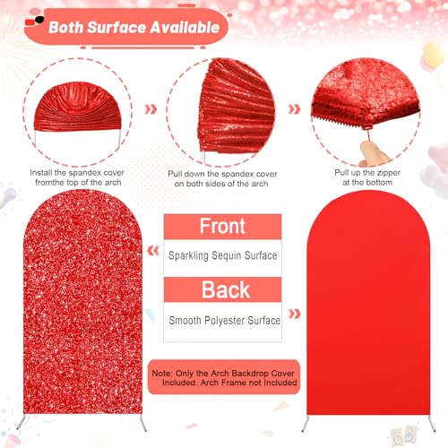 Image of Red Black Sequin Arch Backdrop Cover Set of 2 (7.2ft+6ft) Round Top Chiara Arch Background Balloon Arch Cover for Birthday Wedding Graduation Anniversary Decorations
