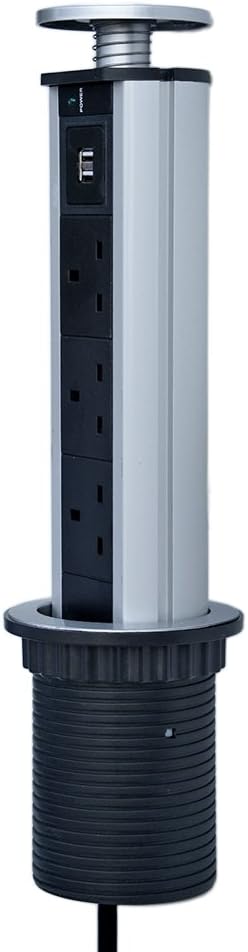 Pop Up Power Sockets with USB Ports Kitchen Worktops Desktop - 3 Way Outlets With 2 USB Charging - Silver