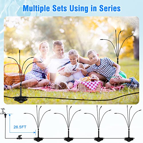 Upgraded Standing Misting Cooling System 26.5 FT Misting Tube with 4 Brass Nozzles Misters 360 Degree Adjustable Angle Portable Mist for Patio Cooling, Garden Watering, Pet Cooling, Kids Water Playing