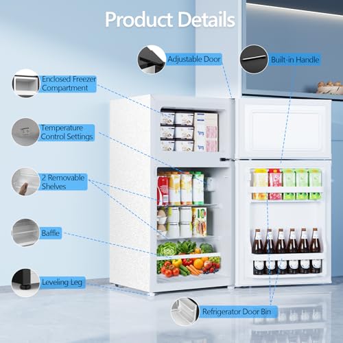 Image of Electactic 2.5 Cu.Ft Mini Fridge with Freezer, Double-Door Compact Refrigerator, Adjustable Glass Shelves, Mechanical Thermostat & Leveling Feet, Space-Saving for Apartment /Dorm /Office, White