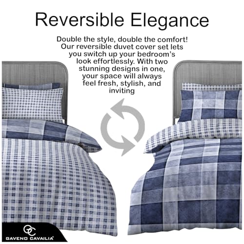 GC GAVENO CAVAILIA Denim Check Duvet Cover Double Bed, Breathable Tartan Bedding Sets Soft Reversible Checkered Quilt Cover Bed Set, Blue - Image 2
