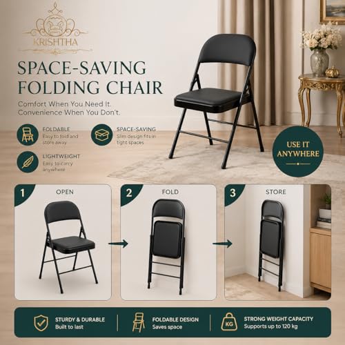 Image of Metal Folding Chair with Soft Cushioned Leatherette Seat | Foldable Chair for Home, Office, Study, Balcony, Kitchen & Restaurant | Space Saving Portable Steel Chair | Black